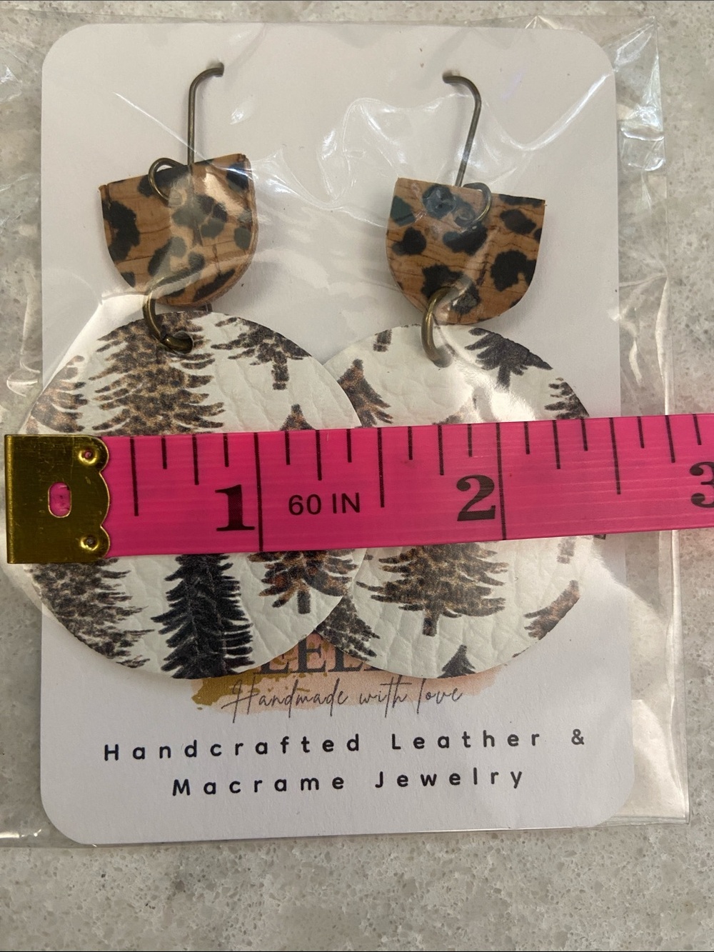 Handcrafted Brown Leather Feather Drop Earrings & Leopard/Fall Season Earrings - Picture 11 of 12